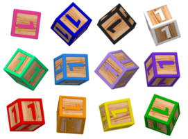 One 1 Number 3D Colorful Toy Blocks in Different Rotating Position, Isolated Wood Cube Letters, 3D Rendering png