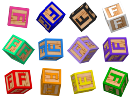 F lettre 3d coloré jouet blocs dans différent tournant position, isolé bois cube des lettres, 3d le rendu png