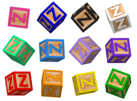 z lettera 3d colorato giocattolo blocchi nel diverso rotante posizione, isolato legna cubo lettere, 3d interpretazione png