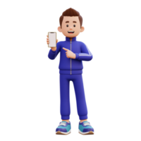 3d masculino personagem segurando e apontando para uma inteligente telefone com esvaziar tela png