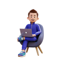 3d masculino personaje sentado en un sofá y trabajando en un ordenador portátil png