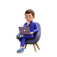 3d masculino personagem sentado em uma sofá e trabalhando em uma computador portátil com pensando pose png