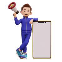 3d male character holding megaphone and laying on a big smart phone with empty screen png