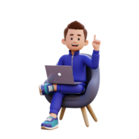 3d masculino personaje obtener un idea mientras sentado en un sofá y trabajando en un ordenador portátil png