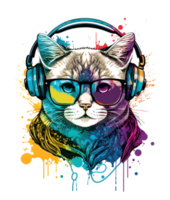 cute cat wearing glasses and headset, fun colorful concept, ideal for print designs like t-shirt designs, stickers, etc. generative ai png