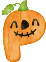 carino font p kawaii viso Halloween zucca alfabeto lettering acquerello mano disegno png