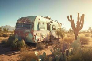 Abandoned retro caravan. Generate AI photo