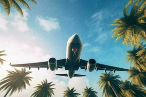 Airplane over tropical palm tree. Generate Ai photo