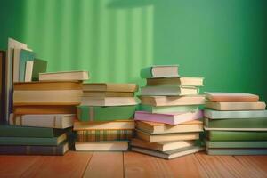 libros de madera mesa verde pared. generar ai foto