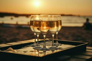 Champagne glasses beach travel. Generate Ai photo