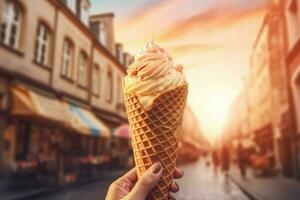 Holding ice cream street. Generate Ai photo