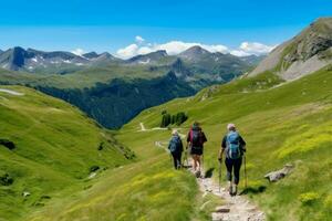 Back view hikers mountains nature. Generate Ai photo