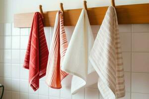 Kitchen towels haning on rack. Generate AI photo