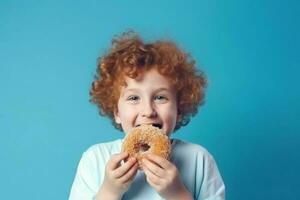 Happy boy eat donut. Generate AI photo