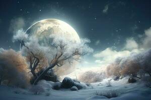 Creative winter landscape tree moon. Generate Ai photo