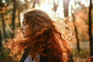 mujer largo Rizado pelo en bosque. generar ai foto
