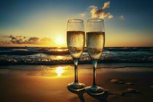 Champagne glasses beach. Generate Ai photo