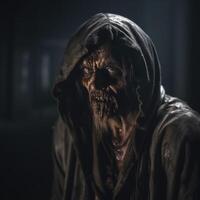 un de miedo zombi hombre en un oscuro ligero ai generado foto
