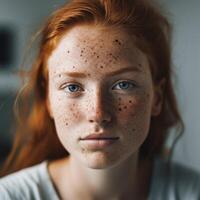 un mujer con pelirrojo y pecas ai generado foto