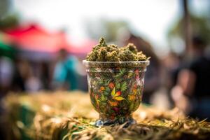 cannabis cup filled with green buds, marijuana festival event photo