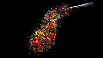 hot spicy seasonings on a spoon on a dark background photo