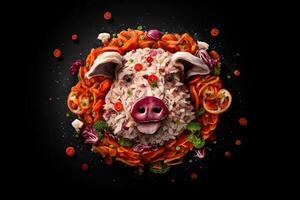 Cerdo cabeza desde carne productos, logo en un oscuro antecedentes generativo ai foto