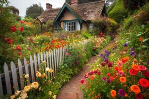 country wooden house with summer flowers on the porch photo