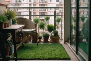 balcony gardening lawn and flowers in flowerpots photo