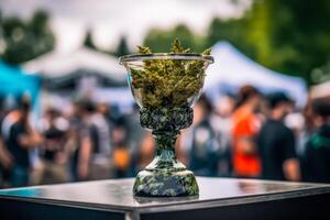canabis taza lleno con verde brotes, marijuana festival evento generativo ai foto