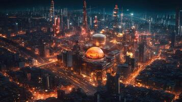 modern futuristic city, night glowing cityscape photo
