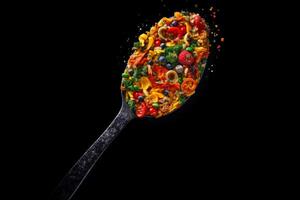 spicy spice with pieces dry vegetable in spoon condiments on black background photo