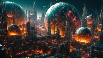 futuristic urban city, psychedelic abstract cityscape planet on future photo