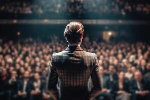 a woman speaks to a large audience in the hall, presentation business training photo