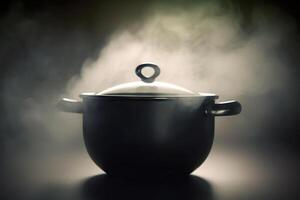 steaming pot in dark logo, steam over saucepan photo