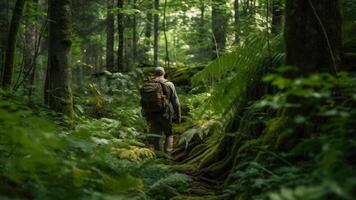 man hike on green jungle forest , active lifestyle study nature photo