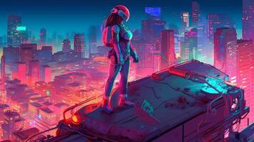 futurista cyborg hombre en el techo de el casa fantasía ciudad mundo cyberpunk generativo ai foto