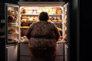 grasa mujer a el refrigerador, obesidad exceso de peso generativo ai foto
