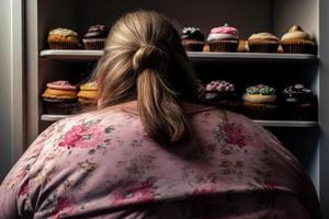 grasa mujer a el refrigerador, obesidad exceso de peso generativo ai foto
