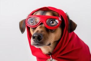 gracioso perro súper héroe en rojo lentes y Pañuelo generativo ai foto