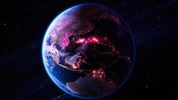 colorful planet earth view from space purple glowing light photo