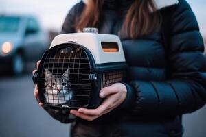 transporte caja con gato, de viaje con un mascota generativo ai foto