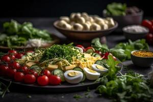 queso con Tomates y verduras, vegetariano comida generativo ai foto