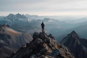 man on a stone rock in the mountains photo