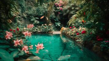 turquoise pool in the courtyard with flowers photo