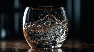 vaso de agua en mesa con salpicaduras generativo ai foto