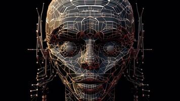 cyborg head artificial intelligence in dark background photo