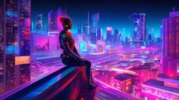 futurista mujer sentar en el techo de el casa fantasía ciudad mundo cyberpunk generativo ai foto
