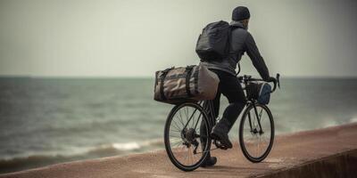 ciclismo viaje con pantalones en contra el fondo de el mar, verano bicicleta viaje generativo ai foto