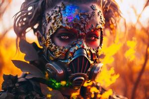 cyborg futuristic fantasy woman with face metal mask on fired yellow background photo
