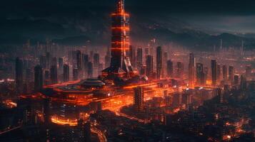 modern futuristic city, night glowing cityscape photo